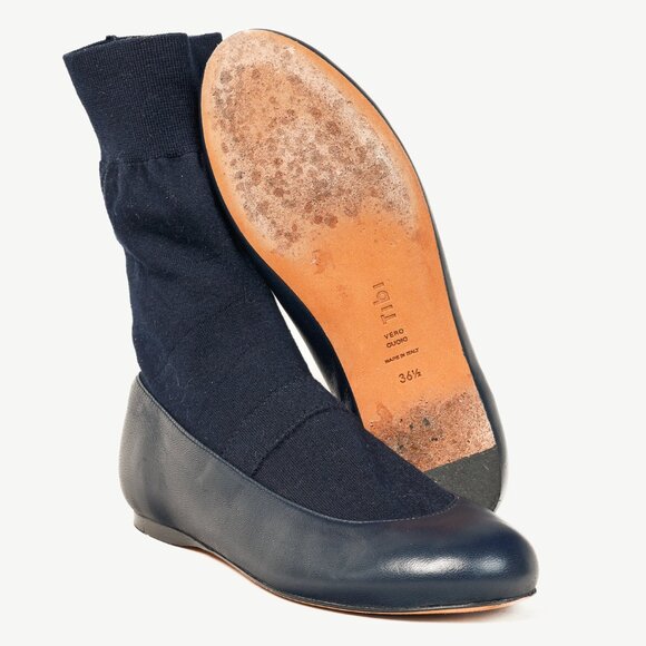 Tibi Borg Navy Leather Flat Sock Boots - Picture 4 of 8